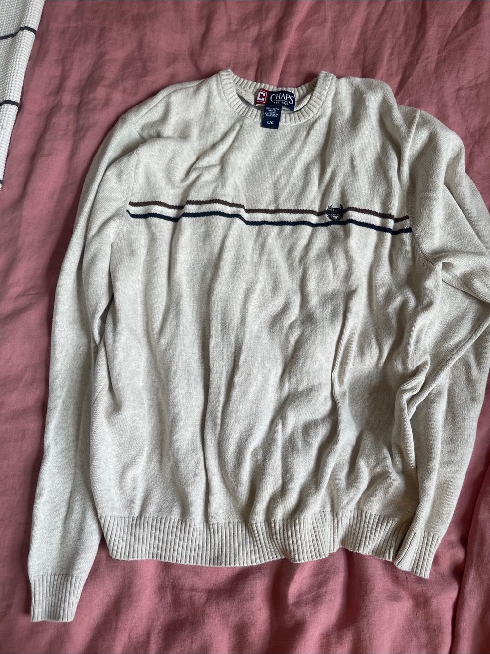 Vintage Chaps Men's Cream Crewneck Sweater with Navy Stripe